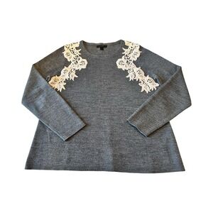 J.Crew Lace Crochet Applique‎ Sweater Gray White Merino Wool Size M Woman's